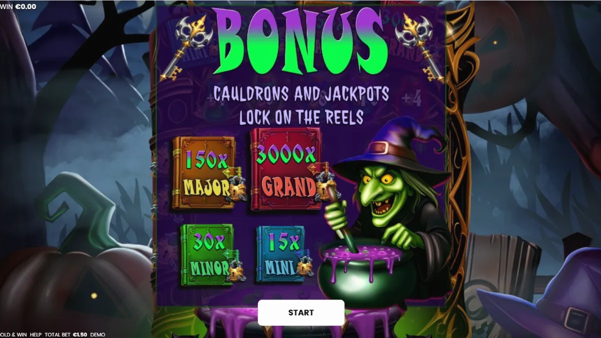 Tampilan visual slot Witches’ Fortune: Hold & Win dengan tema sihir dan kuali ajaib.