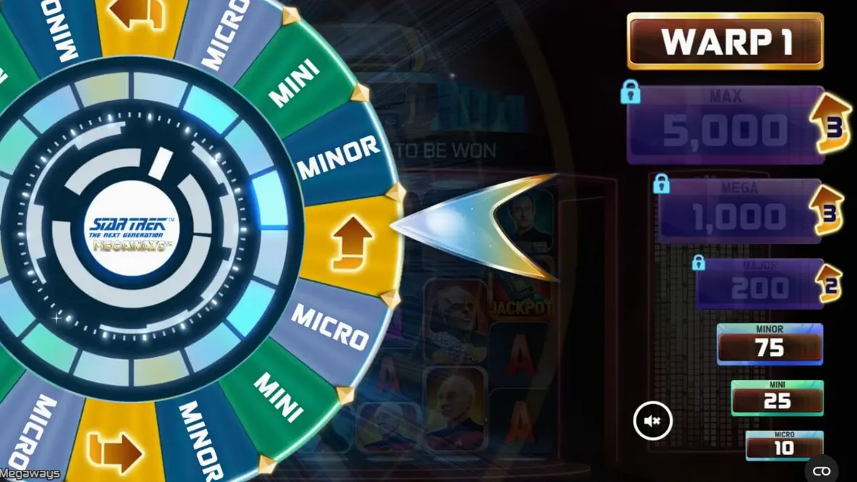 Tampilan antarmuka slot Star Trek: The Next Generation Megaways dengan latar belakang anjungan kapal luar angkasa.