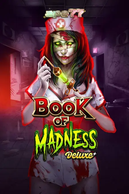 Tampilan visual menyeramkan dari slot Book of Madness Deluxe dengan tema rumah sakit jiwa.